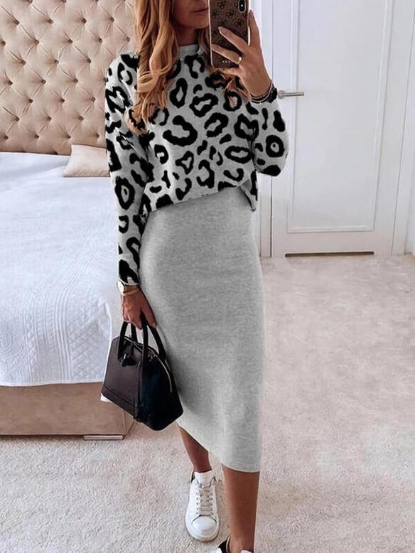 Women's Sets Leopard Print Long Sleeve Top & Skirt Two Piece Set