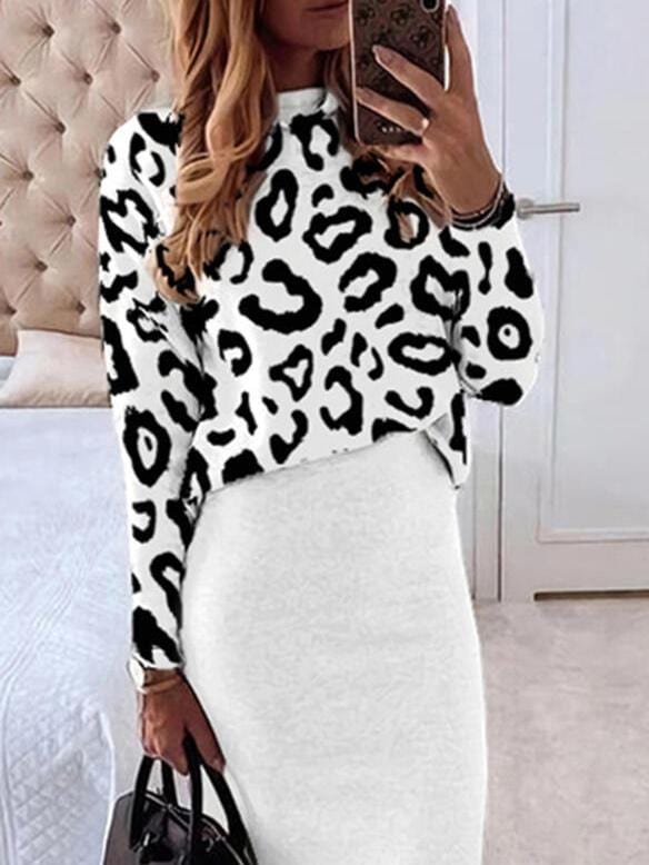 Women's Sets Leopard Print Long Sleeve Top & Skirt Two Piece Set