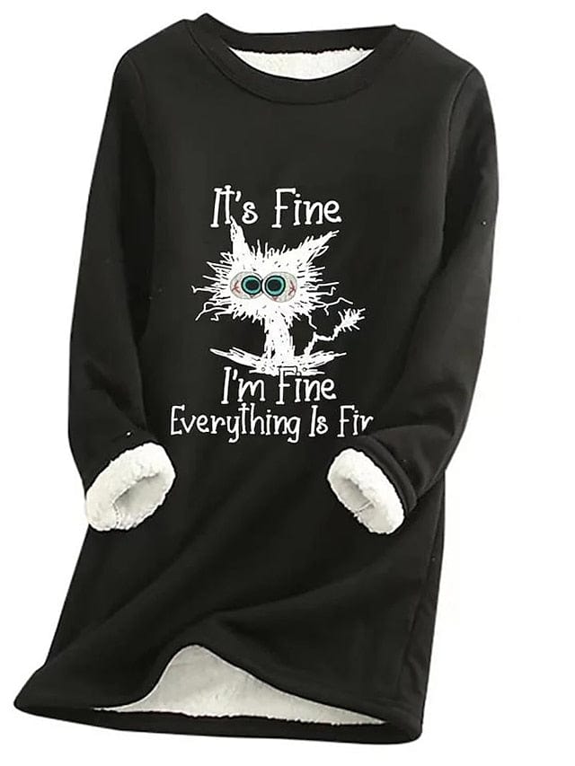 Women's Sherpa Fleece Lined Cat Letter Sweatshirt