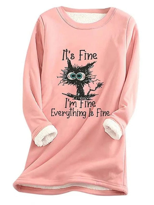 Women's Sherpa Fleece Lined Cat Letter Sweatshirt