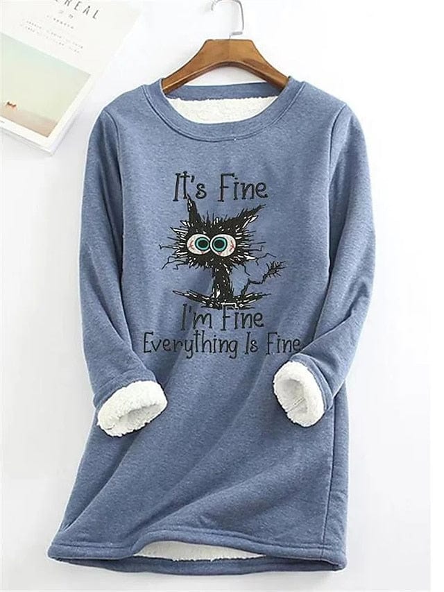 Women's Sherpa Fleece Lined Cat Letter Sweatshirt