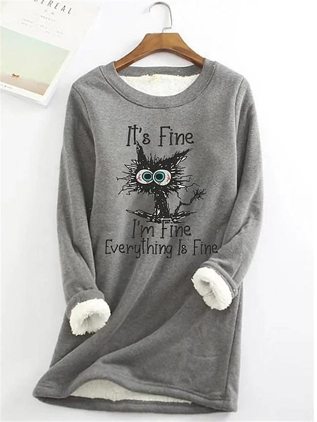 Women's Sherpa Fleece Lined Cat Letter Sweatshirt