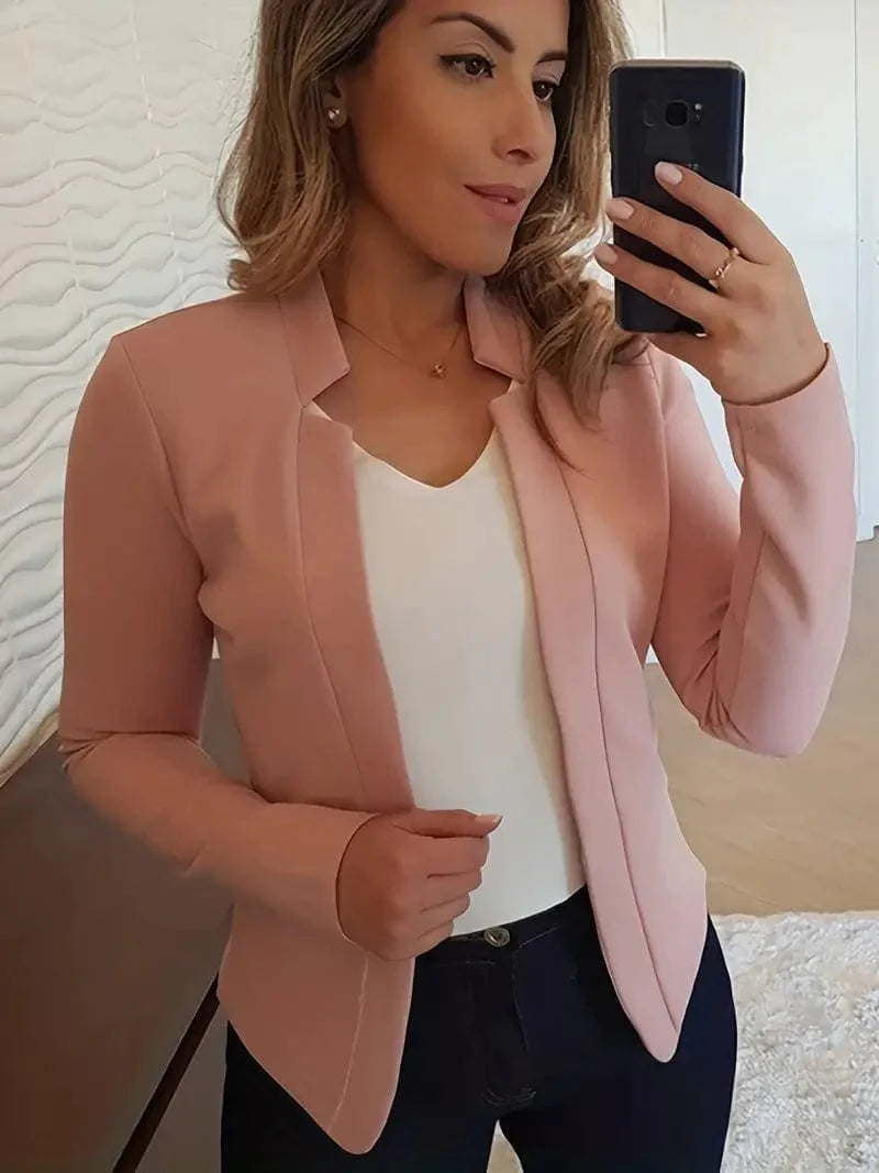 Women's Solid Open Front Blazer with Long Sleeves for Office Wear