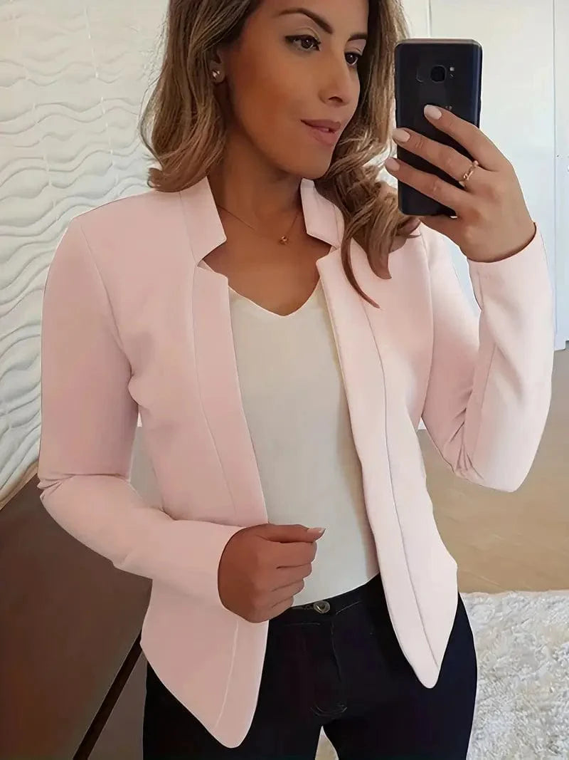Women's Solid Open Front Blazer with Long Sleeves for Office Wear