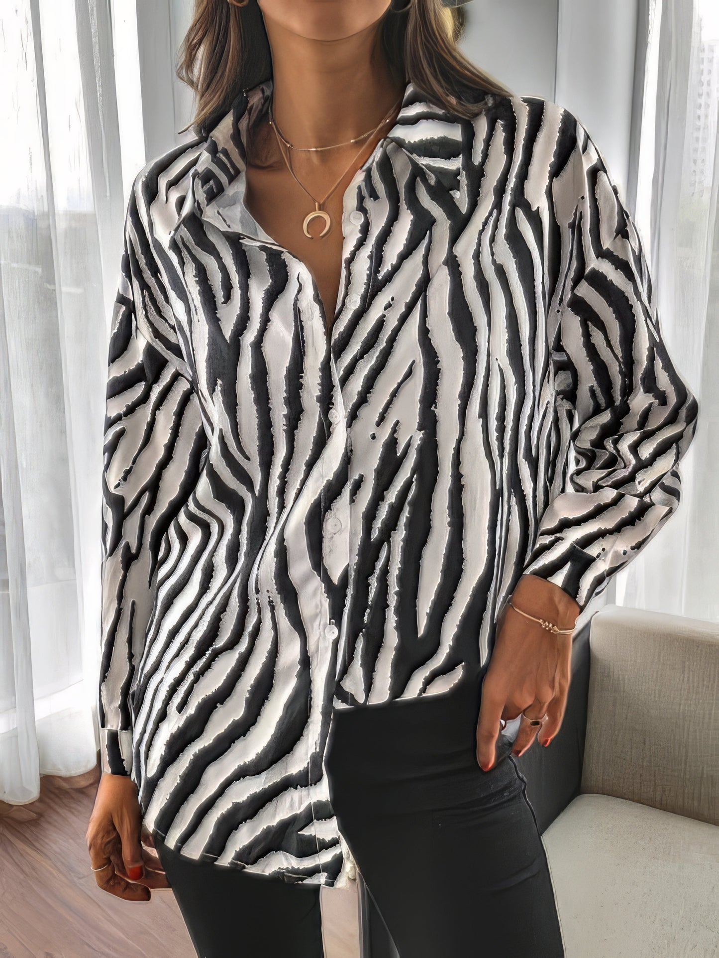 Zebra Print Lapel Button-Up Women's Long Sleeve Blouse
