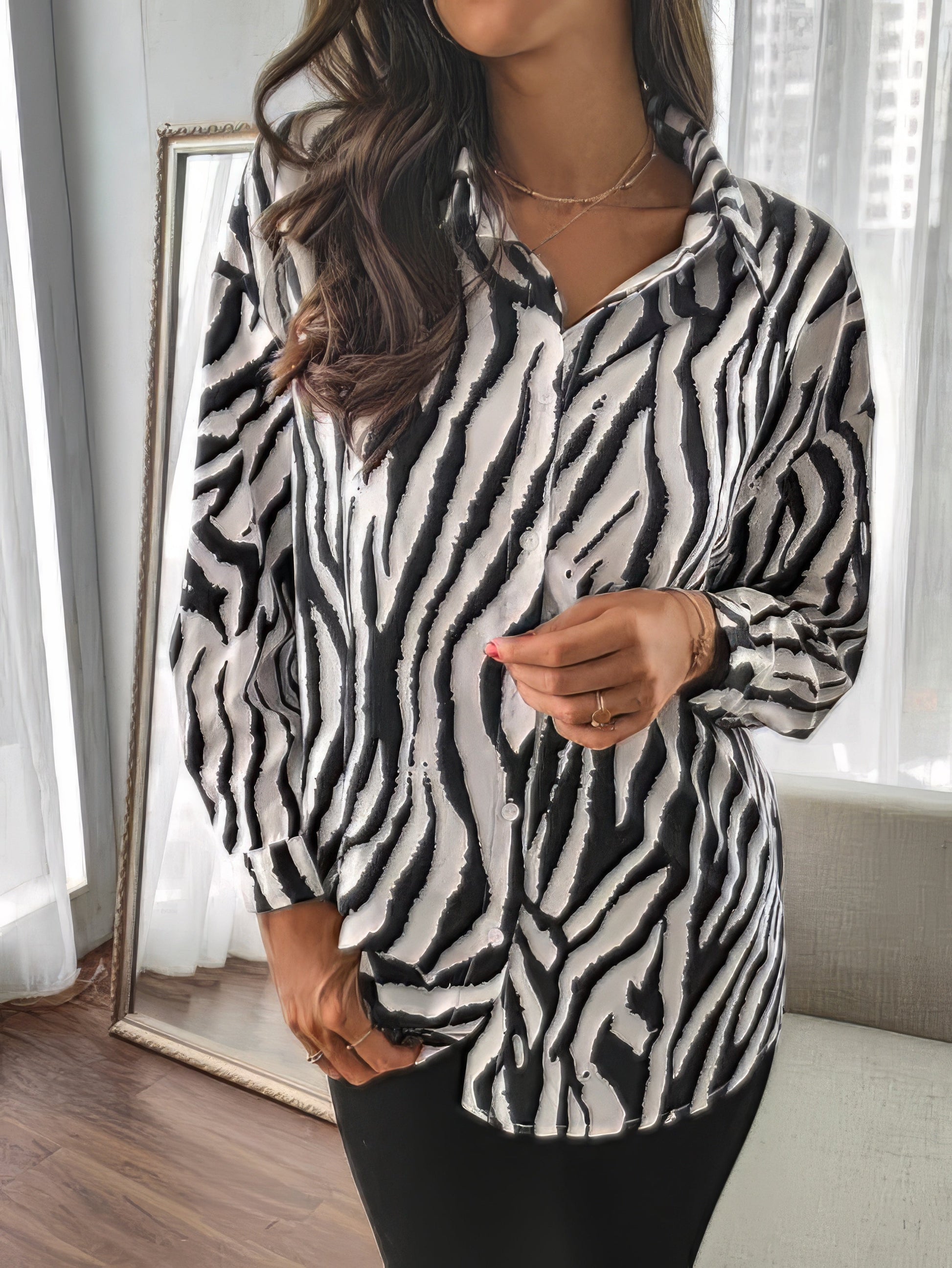 Zebra Print Lapel Button-Up Women's Long Sleeve Blouse