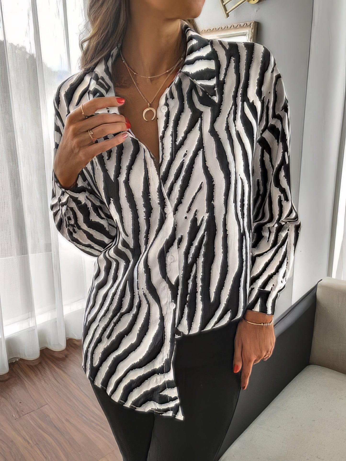 Zebra Print Lapel Button-Up Women's Long Sleeve Blouse