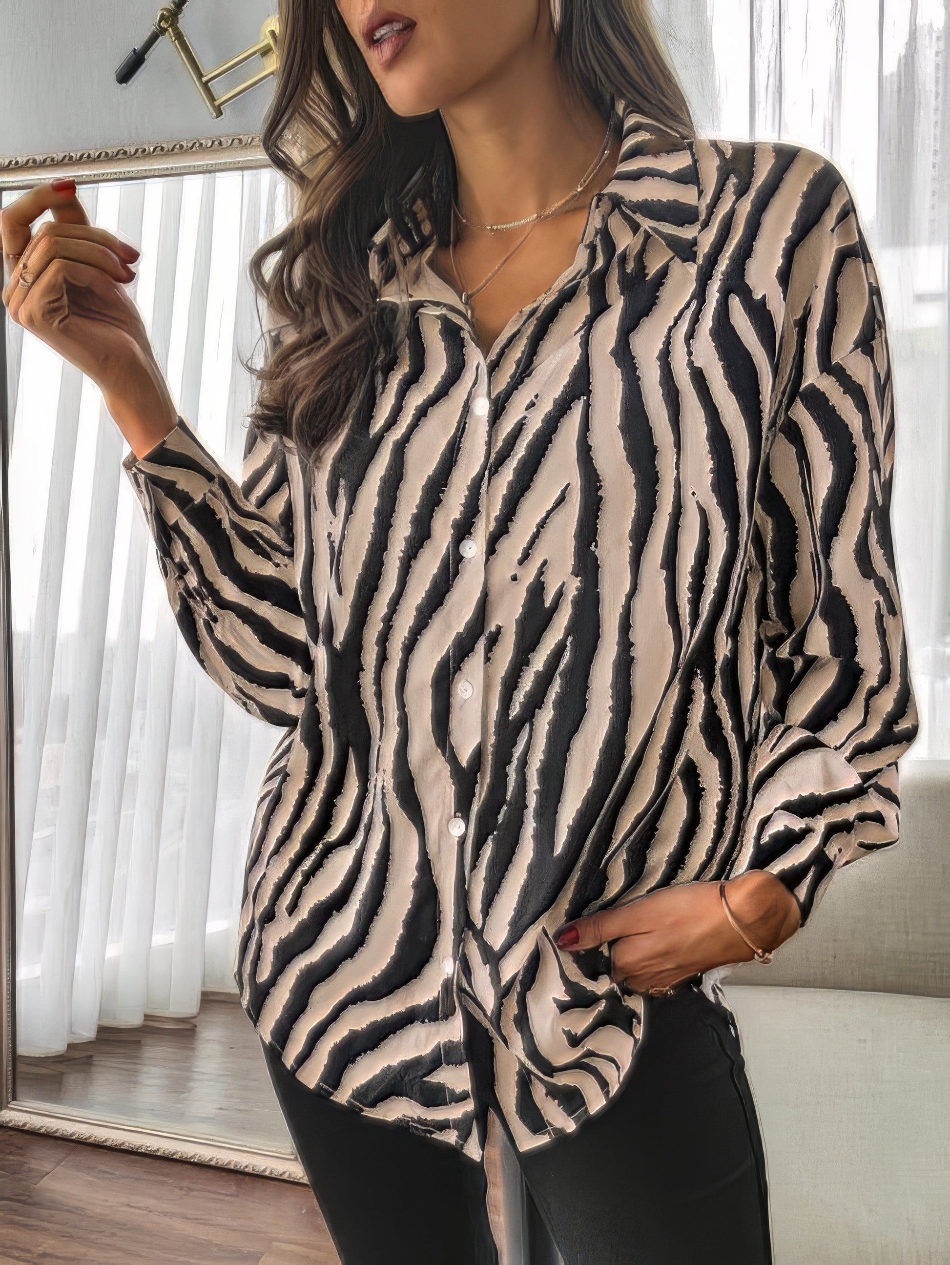 Zebra Print Lapel Button-Up Women's Long Sleeve Blouse