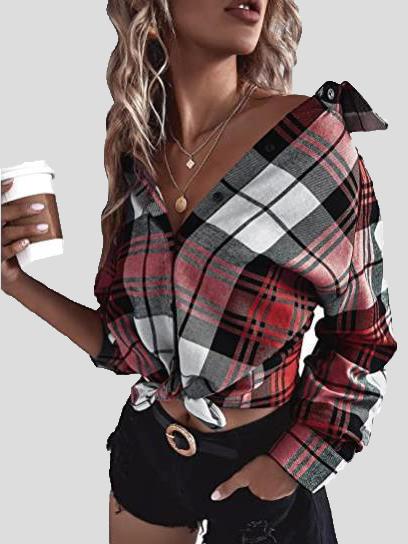 Women's Blouses Loose Button Long Sleeve Plaid Blouse