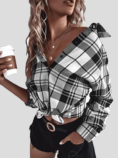 Women's Blouses Loose Button Long Sleeve Plaid Blouse