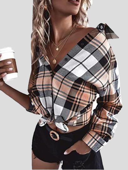 Women's Blouses Loose Button Long Sleeve Plaid Blouse