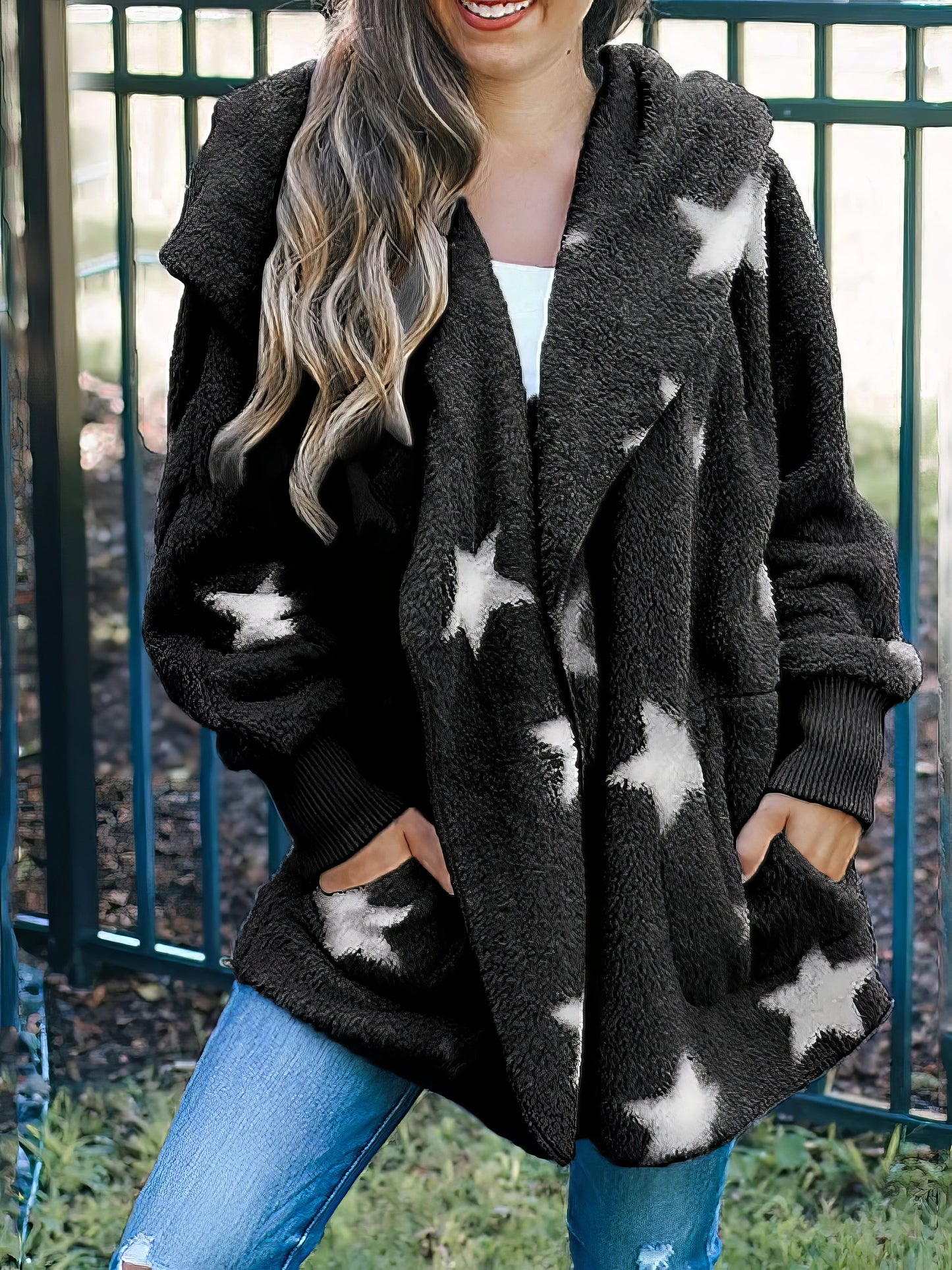 Five-Pointed Star Plush Pocket Hooded Coat for Women