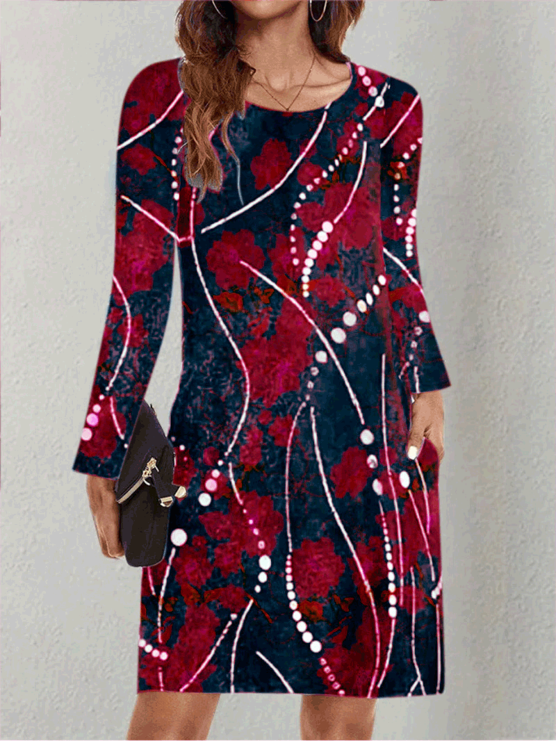 Stylish Long Sleeve Printed Dress with Pockets