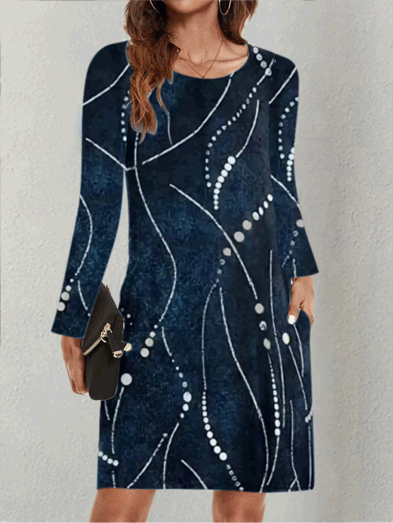 Stylish Long Sleeve Printed Dress with Pockets