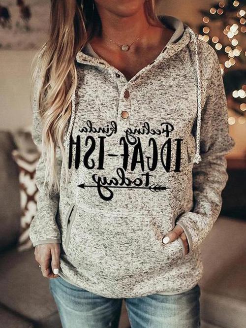 Women's Hoodies Letter-Print Drawstring Button Hoodie