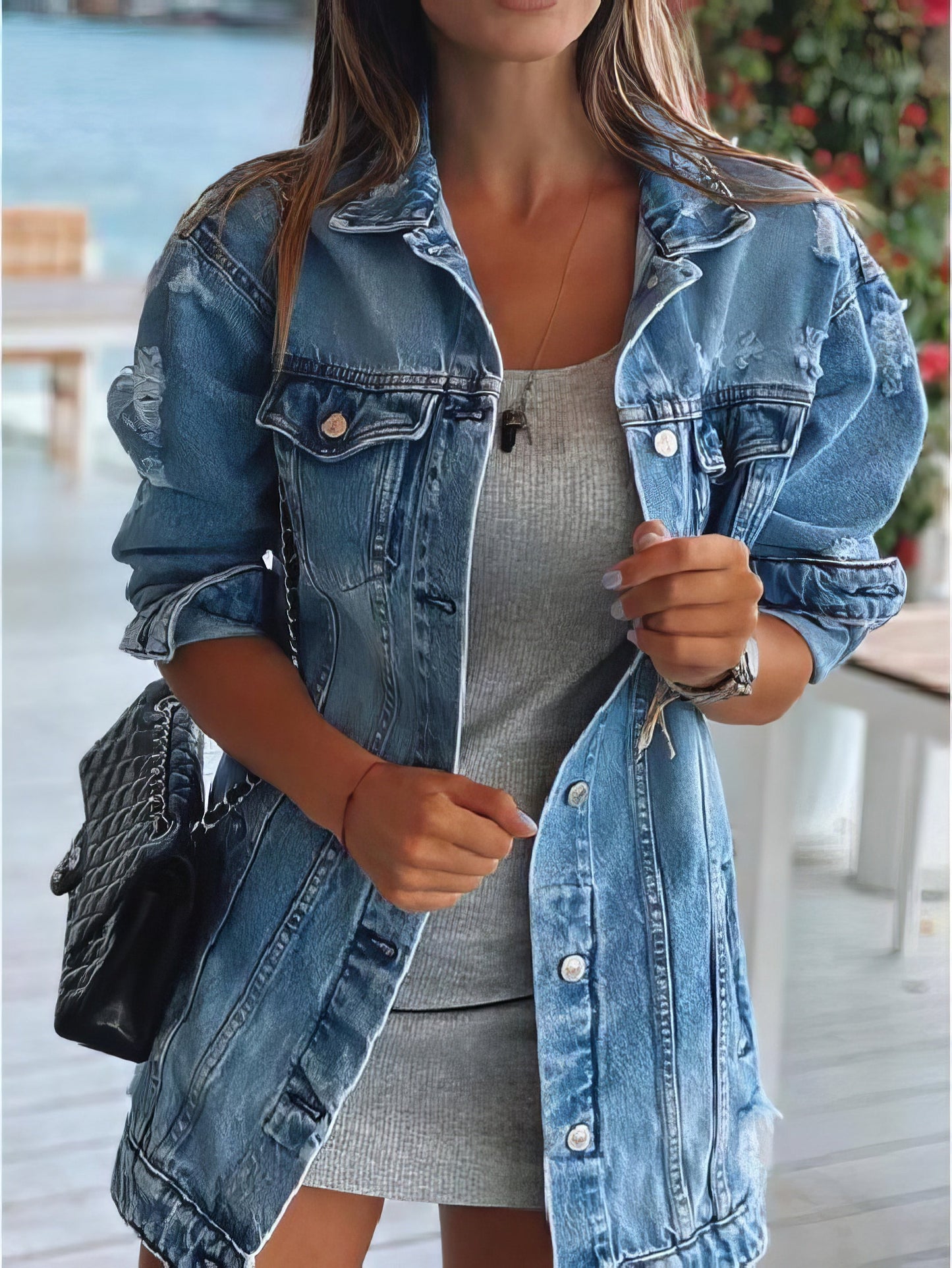 Stylish Ripped Denim Jacket with Lapel Pocket