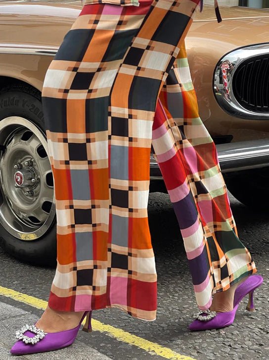Plaid Print Lace-Up Top & Wide Leg Pants Set