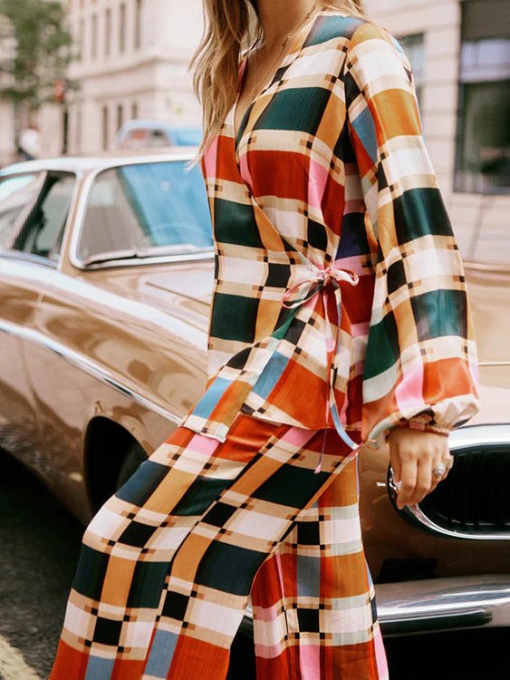 Plaid Print Lace-Up Top & Wide Leg Pants Set