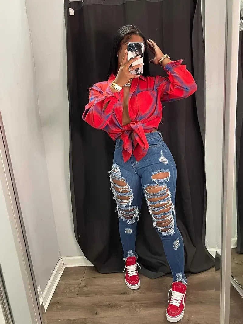 Worn-In Blue Skinny Jeans, Women's Distressed Denim Clothing