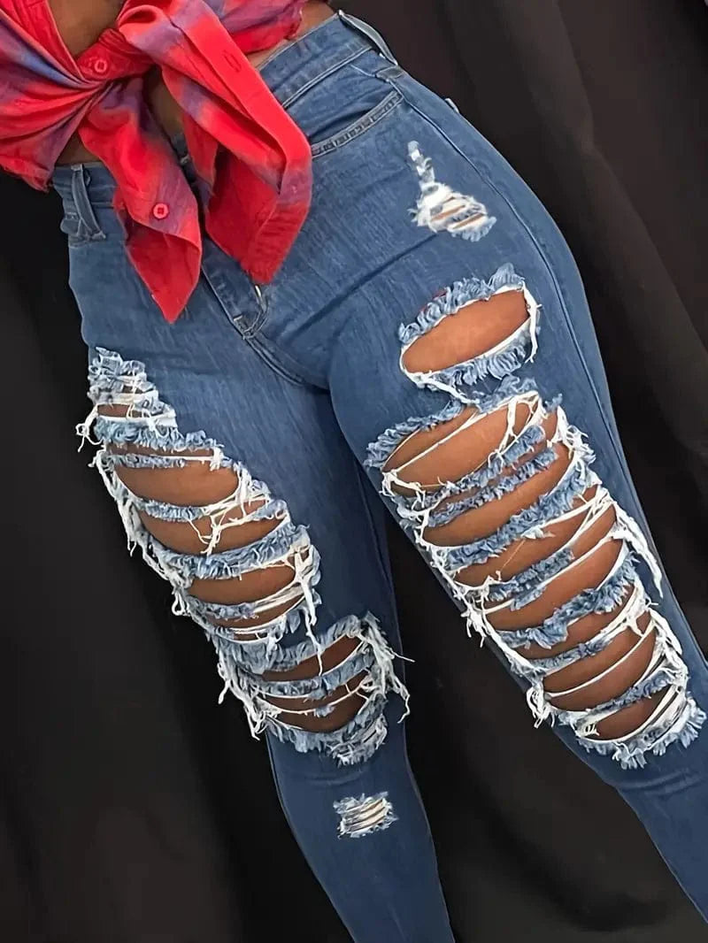 Worn-In Blue Skinny Jeans, Women's Distressed Denim Clothing