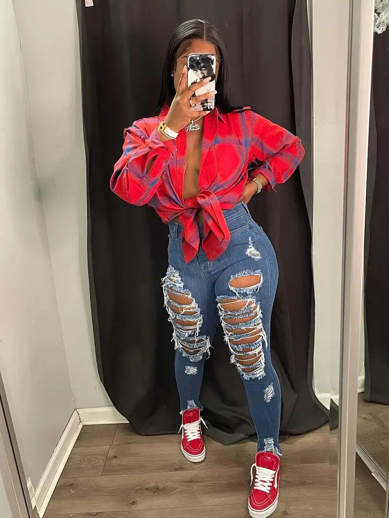 Worn-In Blue Skinny Jeans, Women's Distressed Denim Clothing