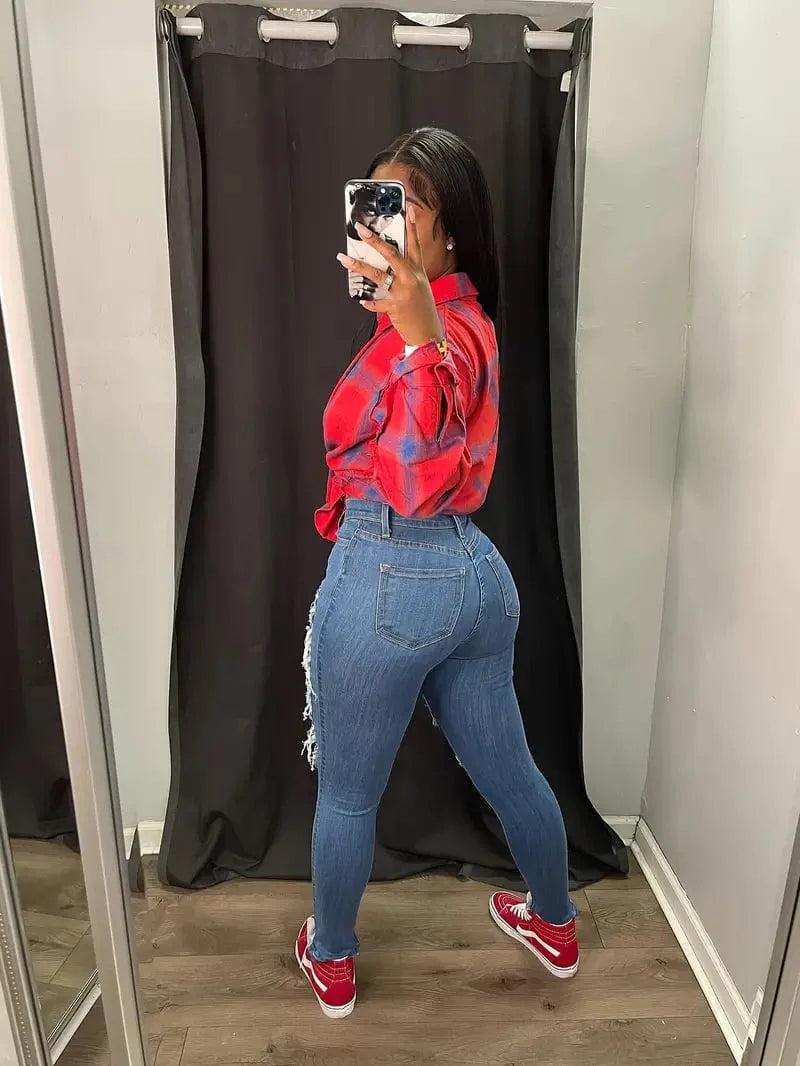 Worn-In Blue Skinny Jeans, Women's Distressed Denim Clothing