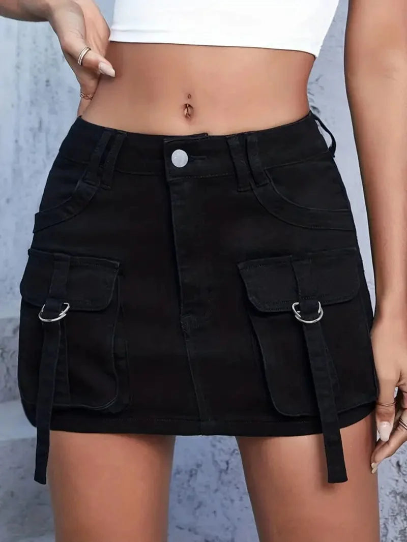 Y2K Style Black Denim Skirt with Cargo Pockets