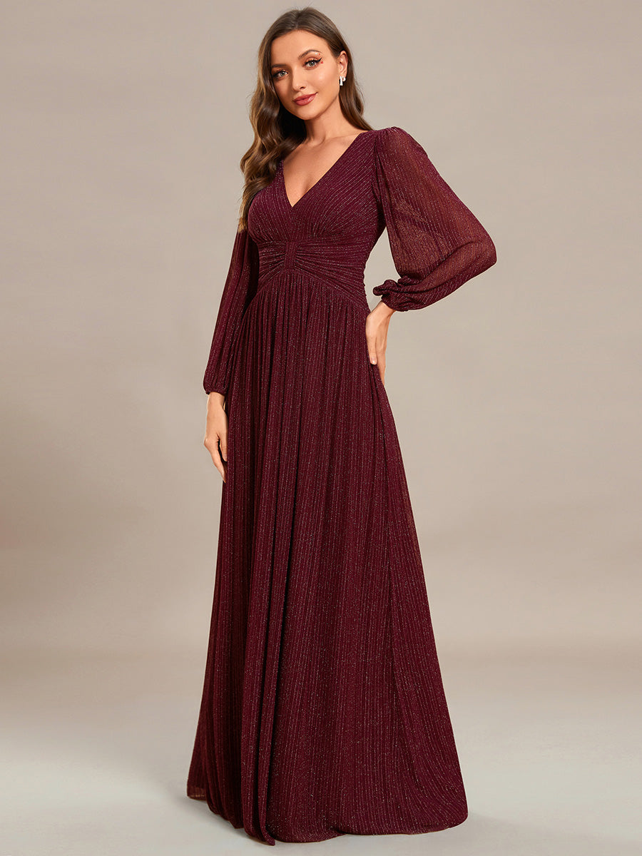 V Neck Chiffon Long Sleeve Evening Gown with High Waist Bow Tie