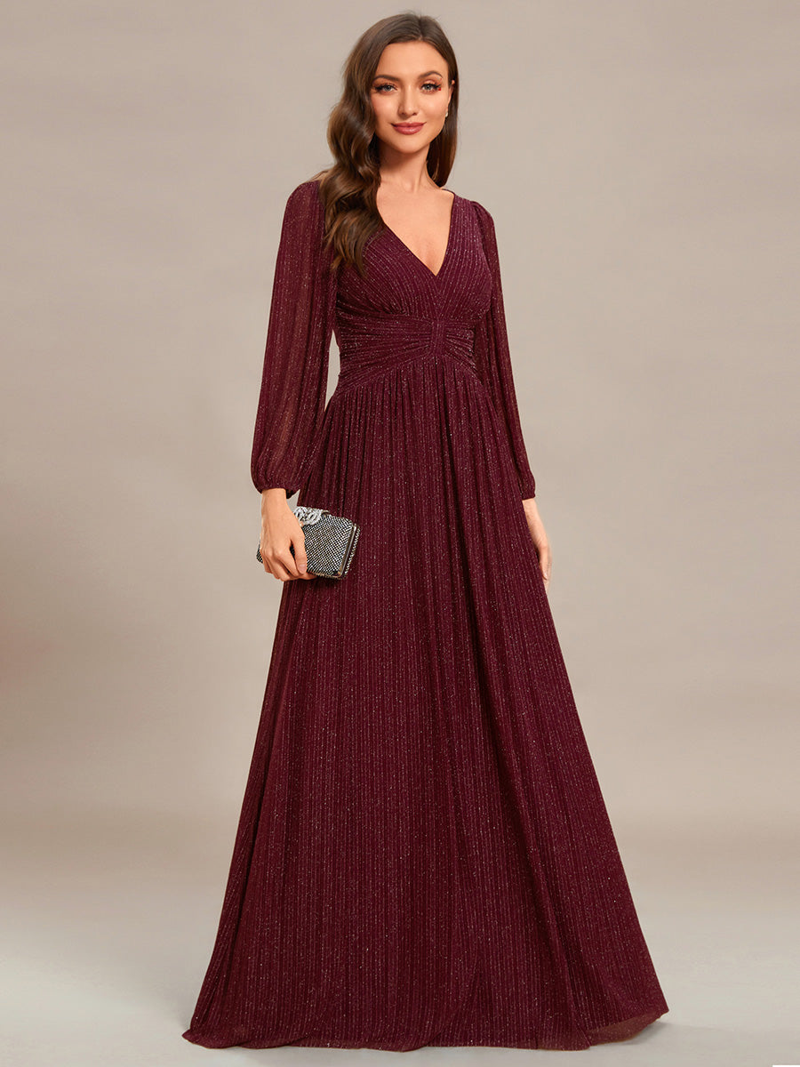 V Neck Chiffon Long Sleeve Evening Gown with High Waist Bow Tie