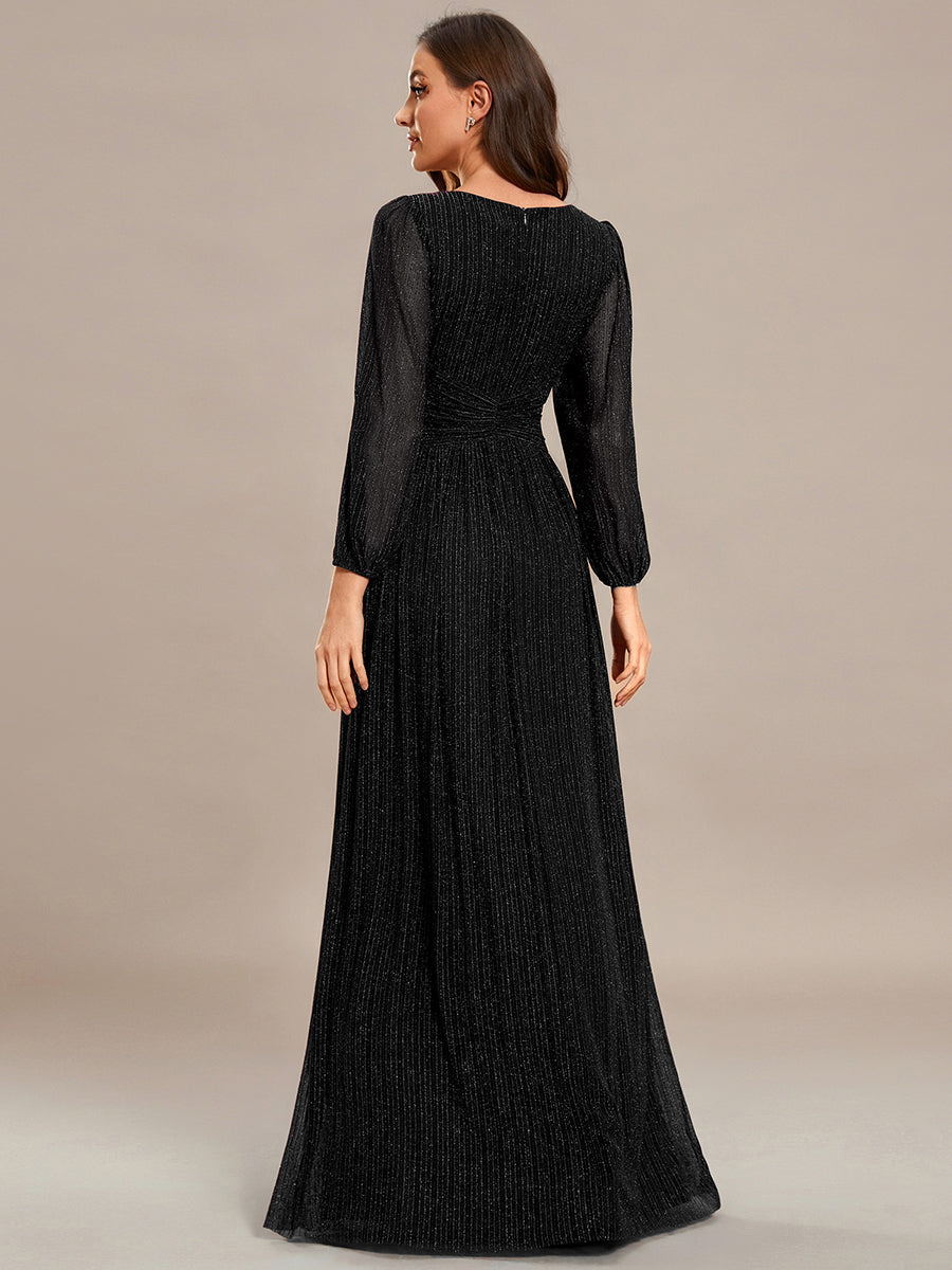 V Neck Chiffon Long Sleeve Evening Gown with High Waist Bow Tie