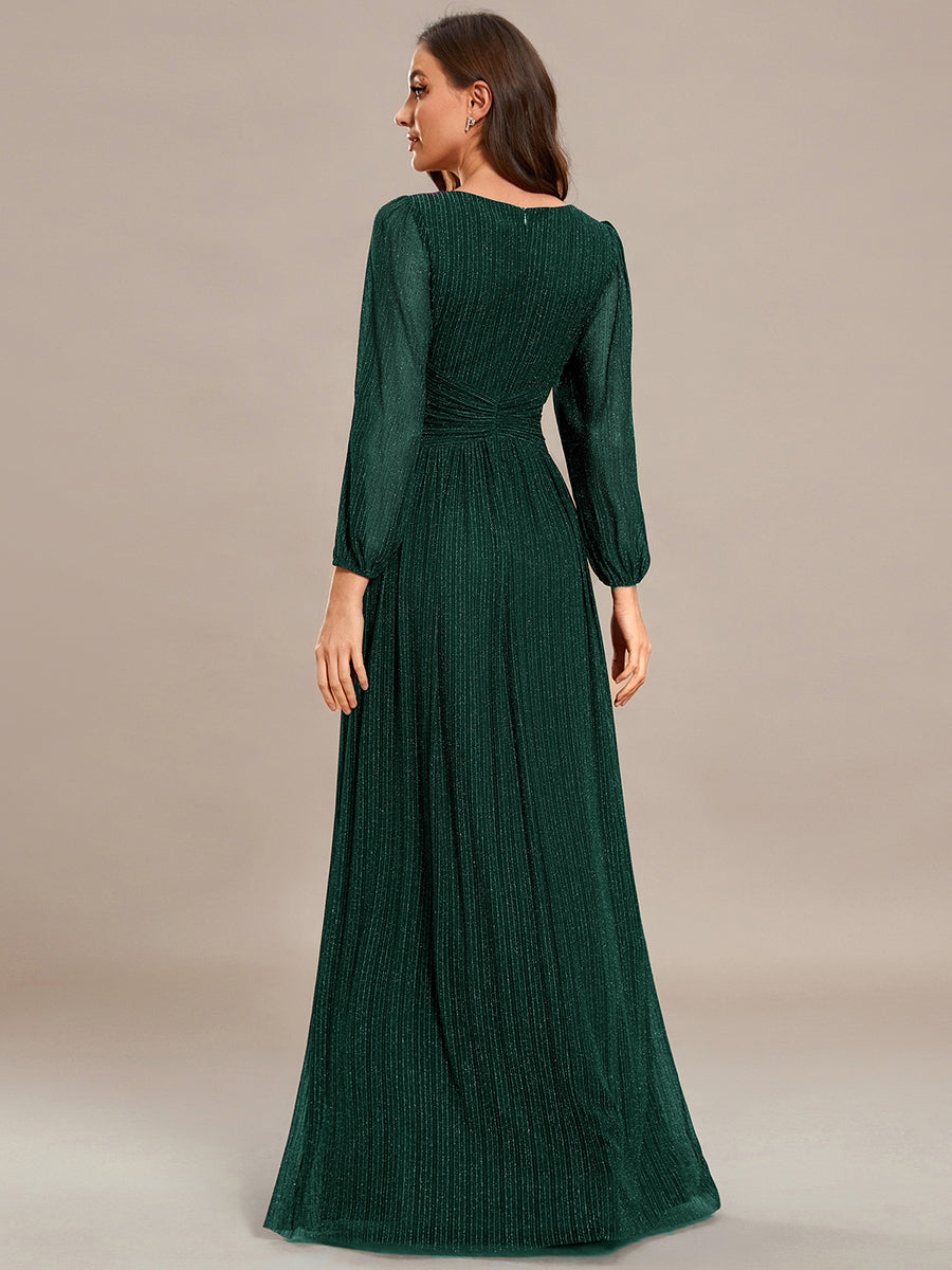 V Neck Chiffon Long Sleeve Evening Gown with High Waist Bow Tie