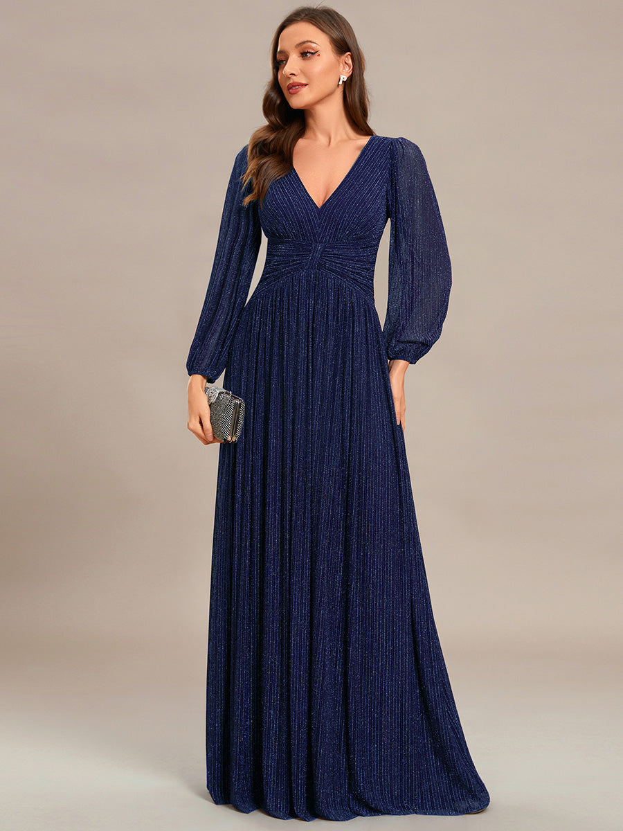 V Neck Chiffon Long Sleeve Evening Gown with High Waist Bow Tie