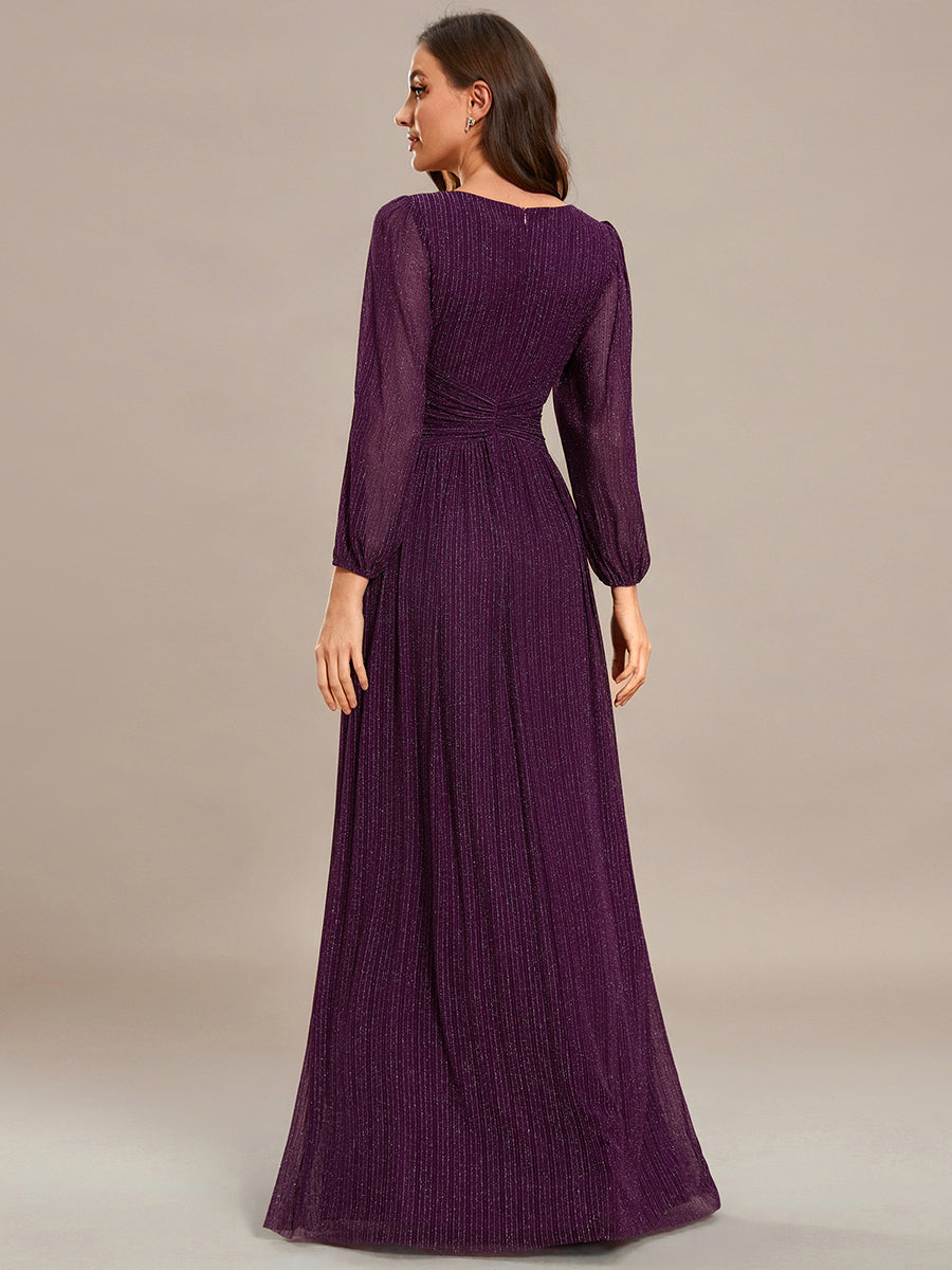 V Neck Chiffon Long Sleeve Evening Gown with High Waist Bow Tie