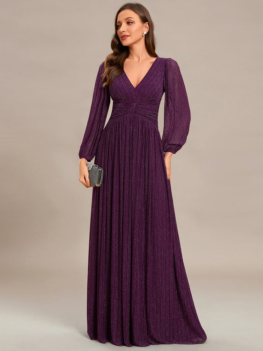 V Neck Chiffon Long Sleeve Evening Gown with High Waist Bow Tie