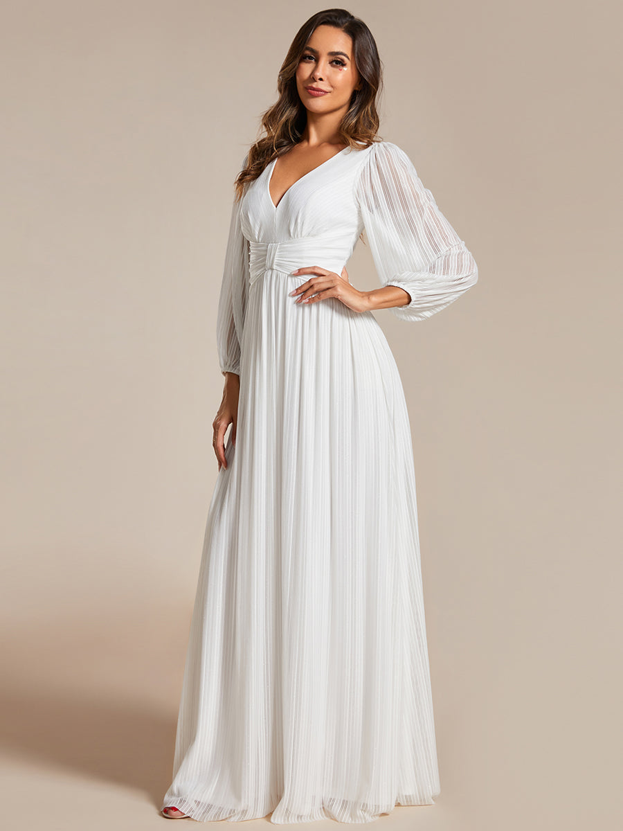 V Neck Chiffon Long Sleeve Evening Gown with High Waist Bow Tie