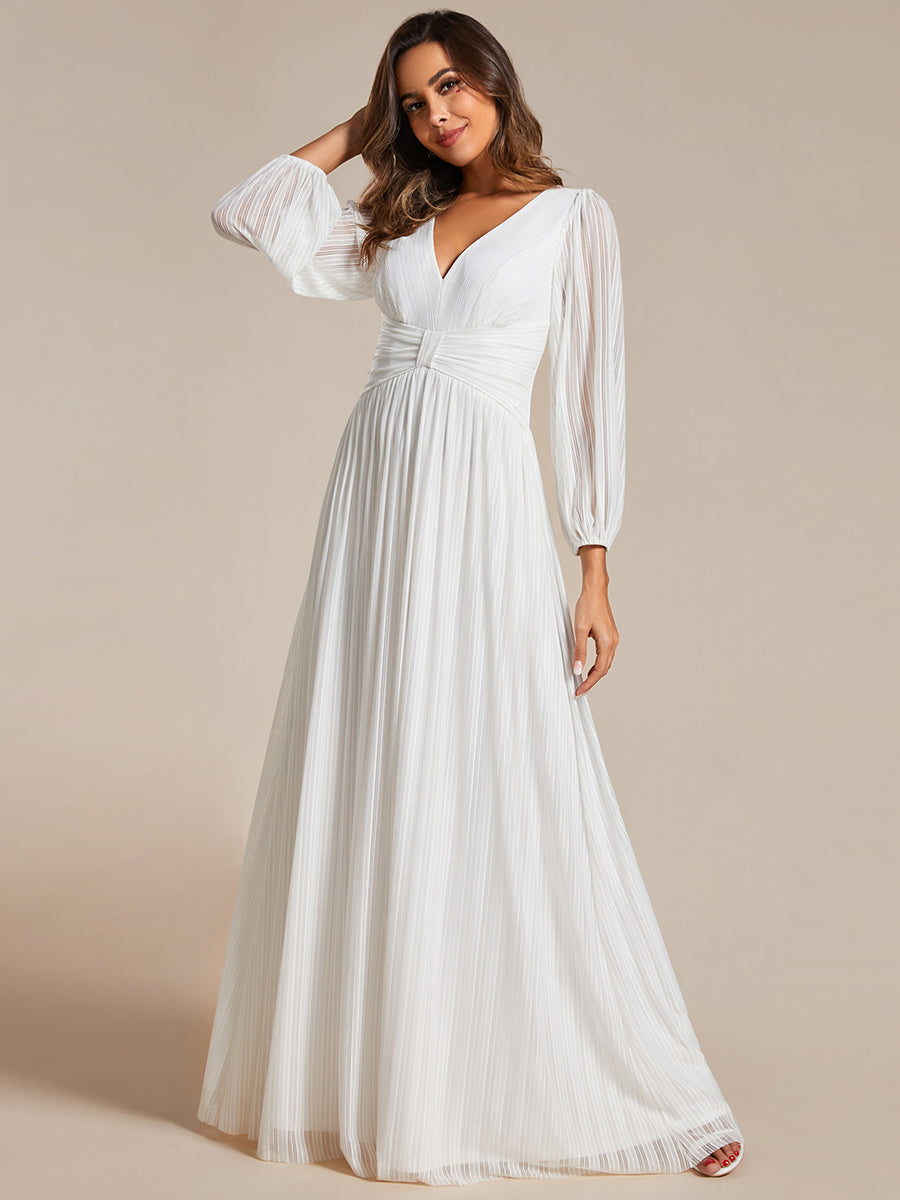 V Neck Chiffon Long Sleeve Evening Gown with High Waist Bow Tie