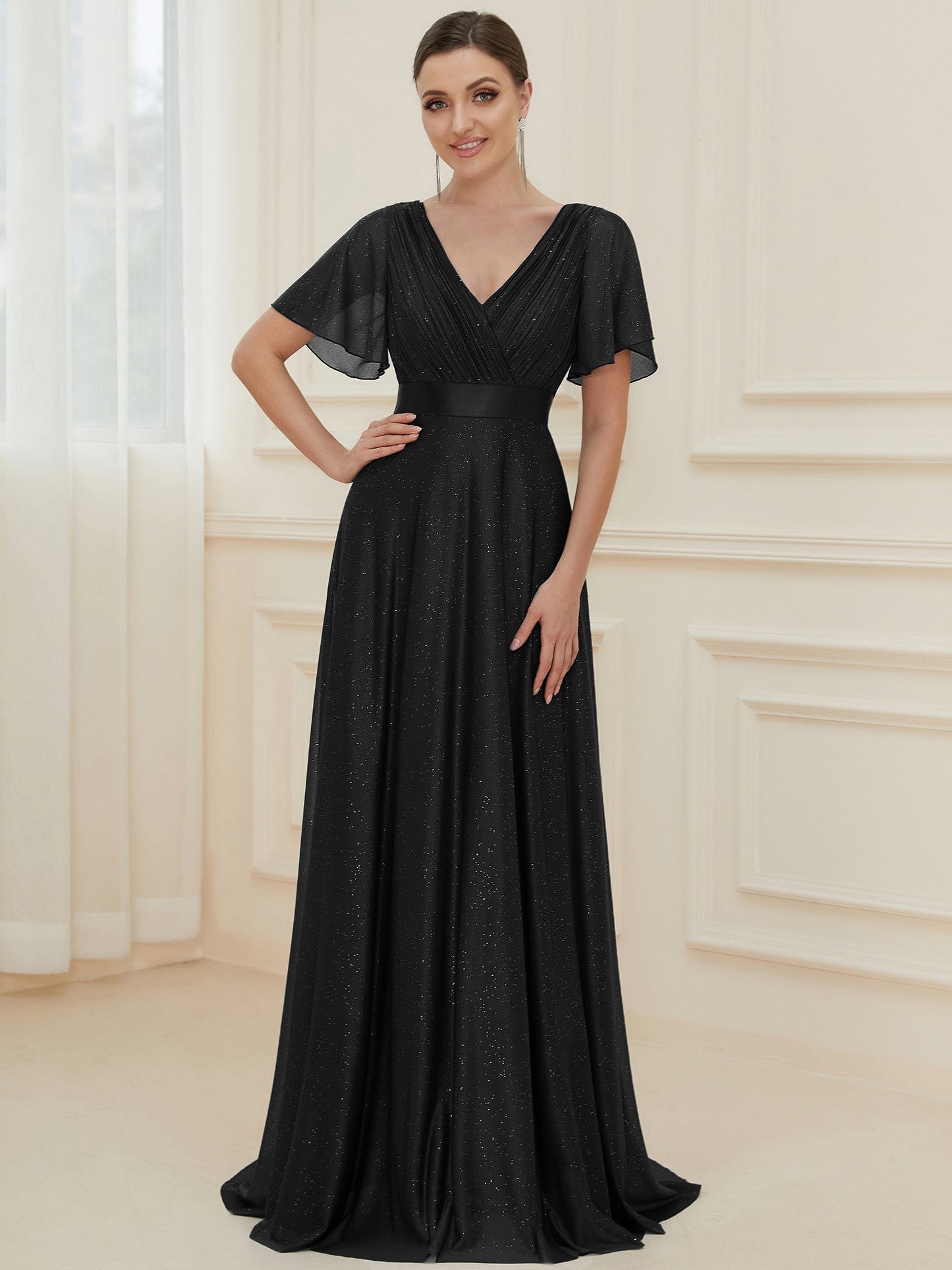 Moonlight V-Neck Ruffled Sleeve Evening Gown