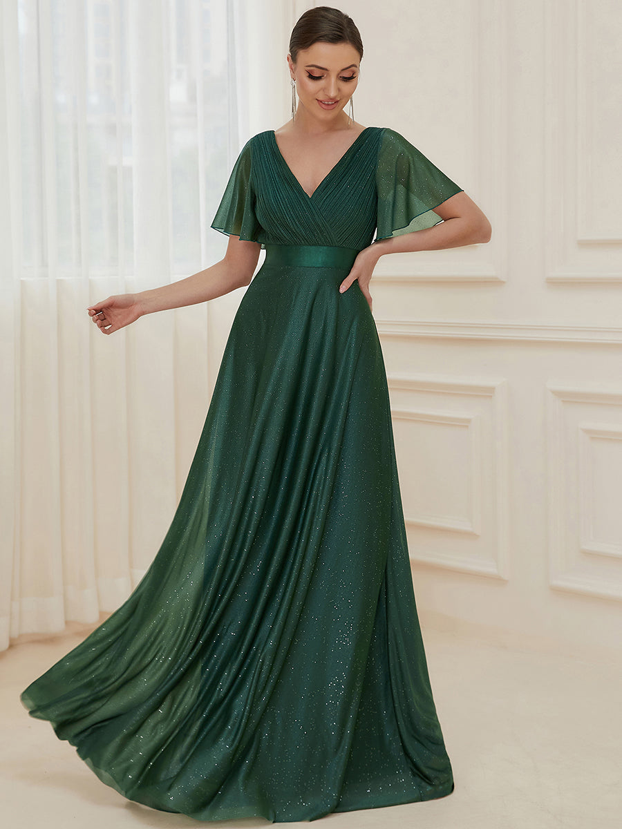 Moonlight V-Neck Ruffled Sleeve Evening Gown