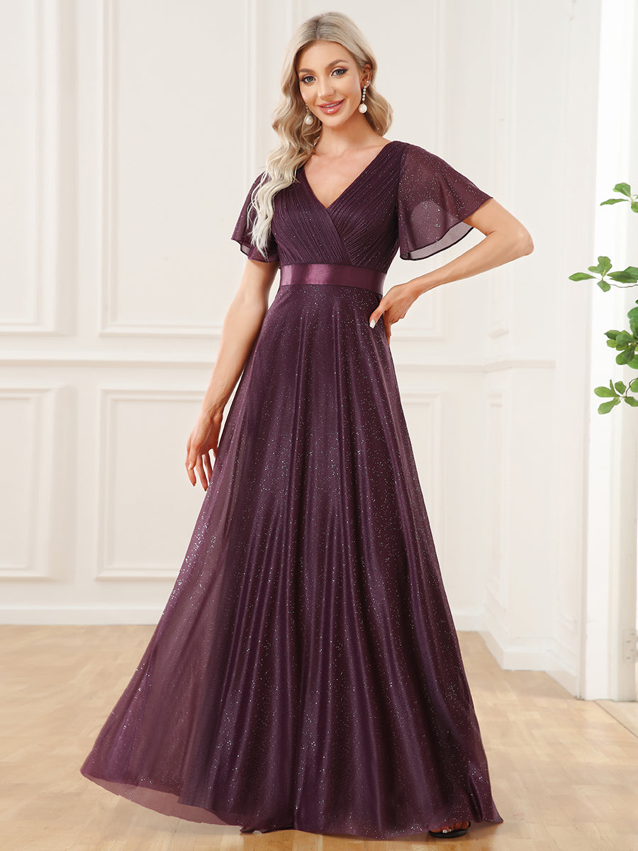 Moonlight V-Neck Ruffled Sleeve Evening Gown