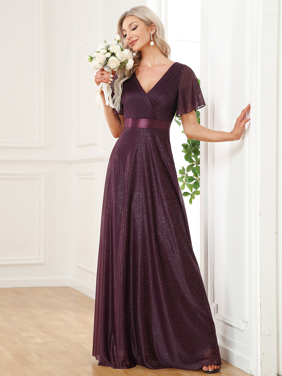 Moonlight V-Neck Ruffled Sleeve Evening Gown