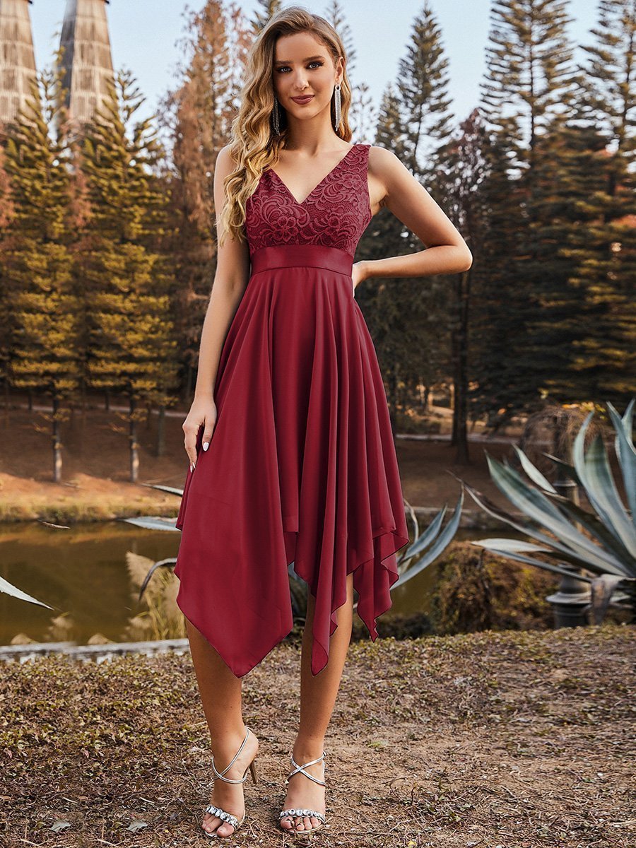 Elegant V-Neck Lace Chiffon A-Line Homecoming Prom Dress for Women