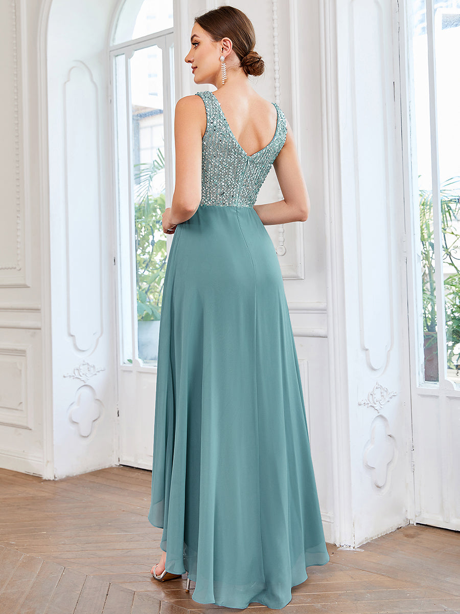 Elegant Sequined Chiffon High-Low Maxi Evening Dress for Women