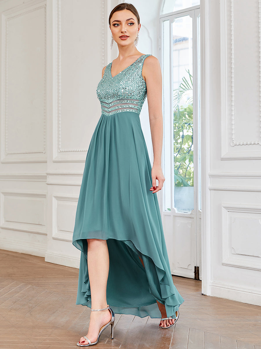 Elegant Sequined Chiffon High-Low Maxi Evening Dress for Women