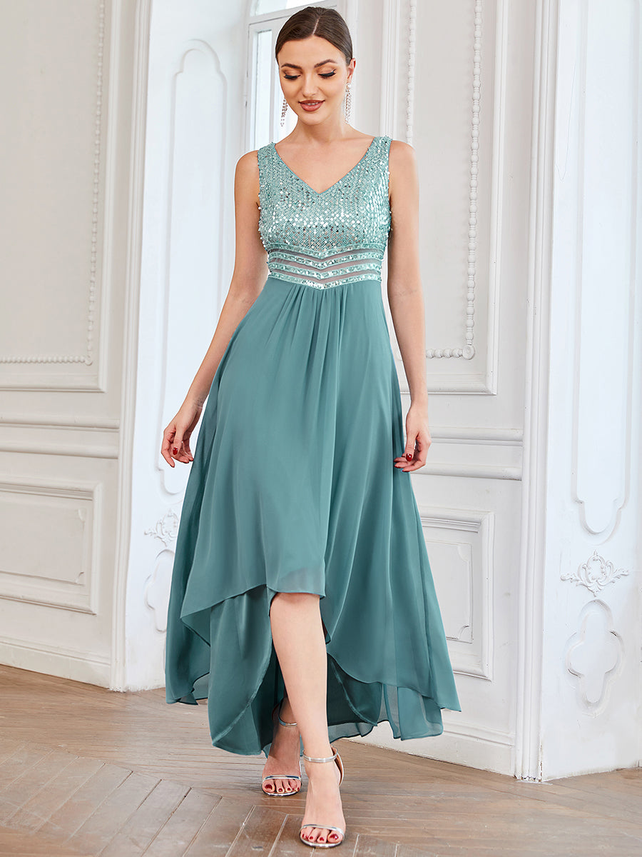 Elegant Sequined Chiffon High-Low Maxi Evening Dress for Women