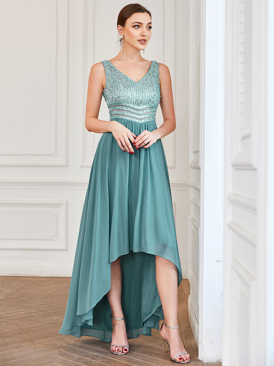 Elegant Sequined Chiffon High-Low Maxi Evening Dress for Women