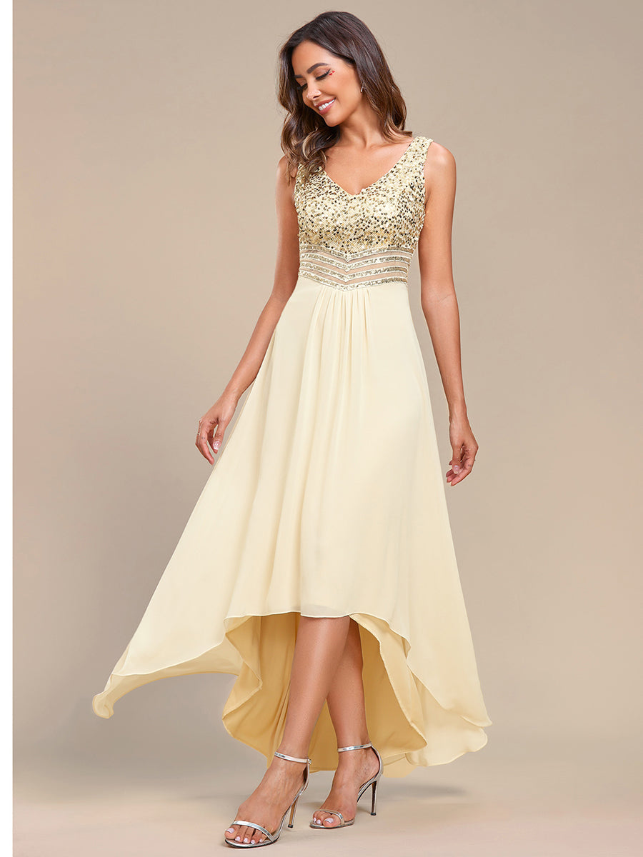 Elegant Sequined Chiffon High-Low Maxi Evening Dress for Women