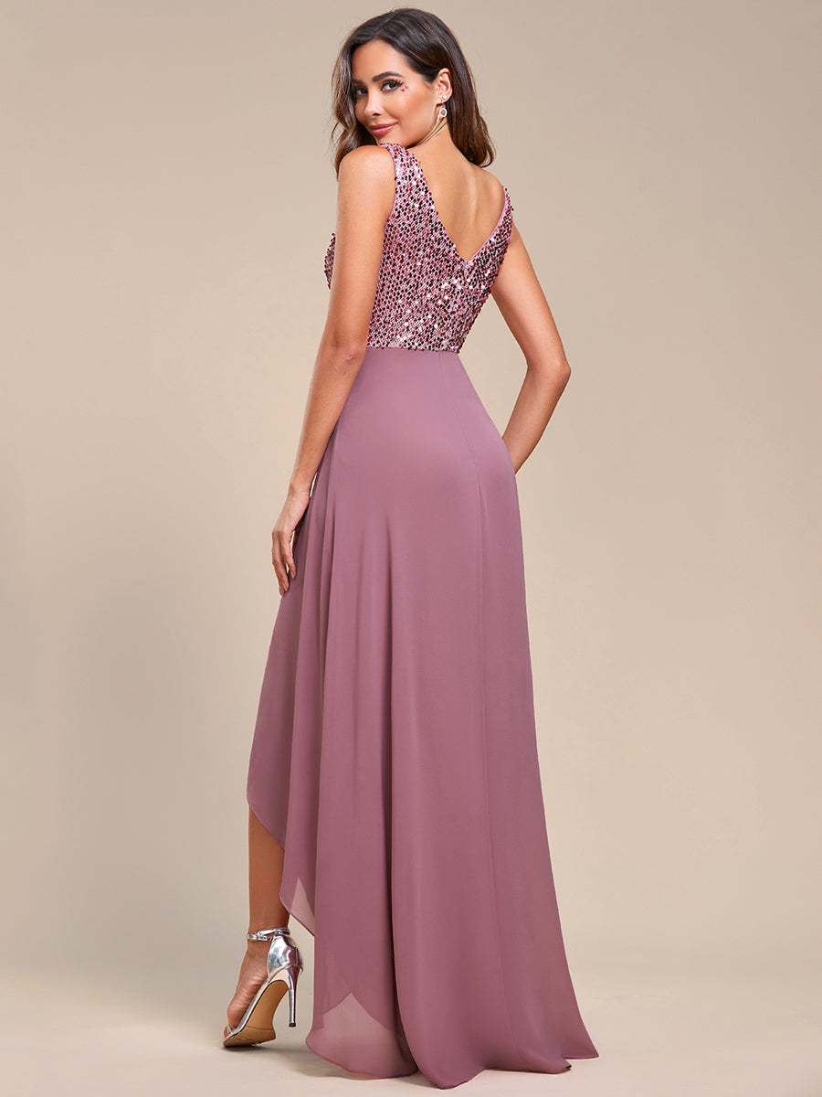 Elegant Sequined Chiffon High-Low Maxi Evening Dress for Women