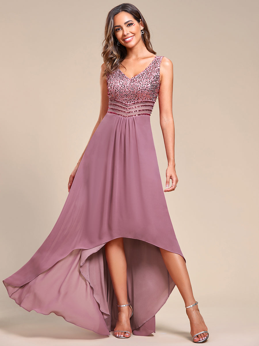 Elegant Sequined Chiffon High-Low Maxi Evening Dress for Women