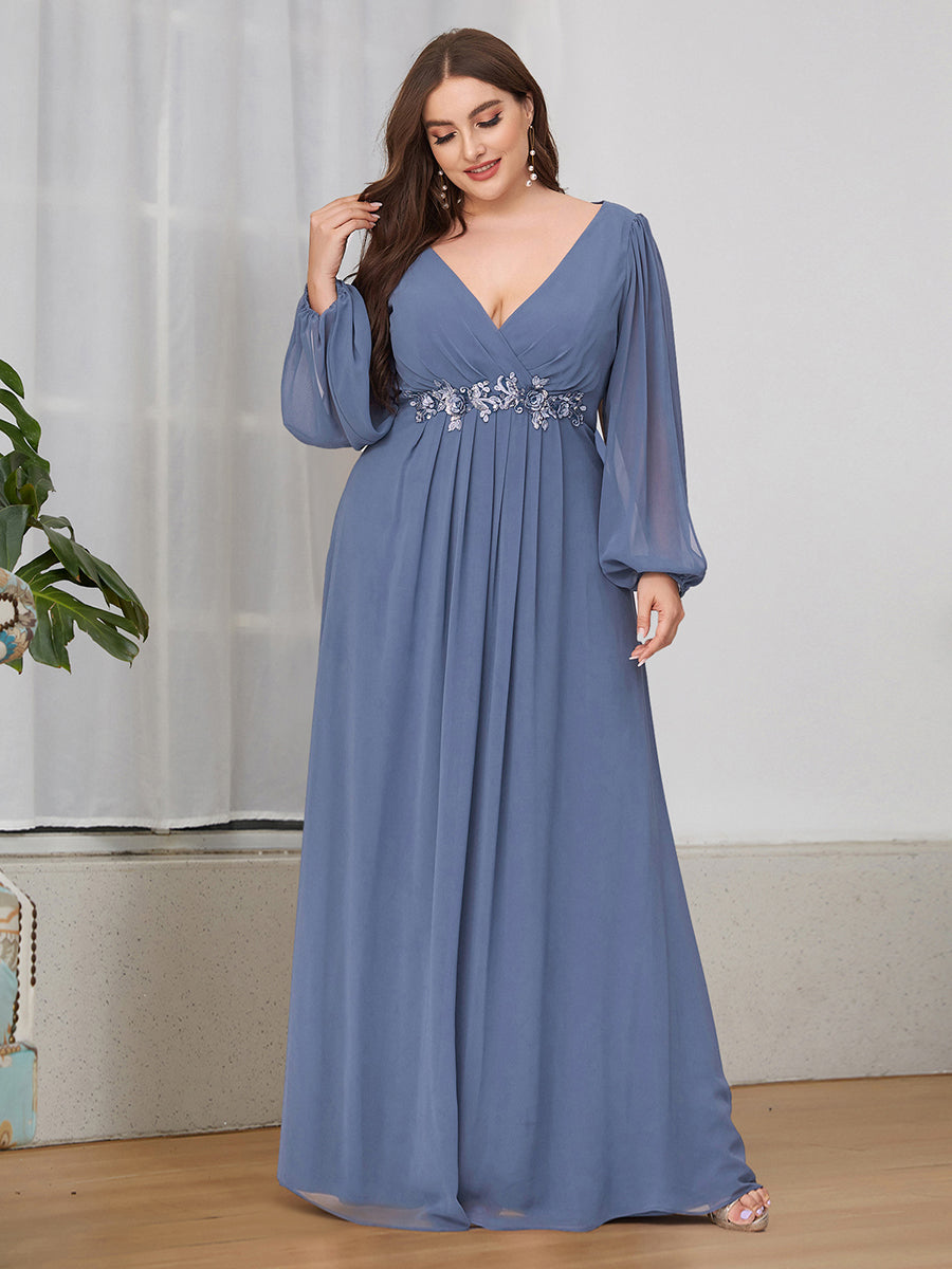 Elegant Chiffon Evening Gown for Plus Size Women with Lantern Sleeves