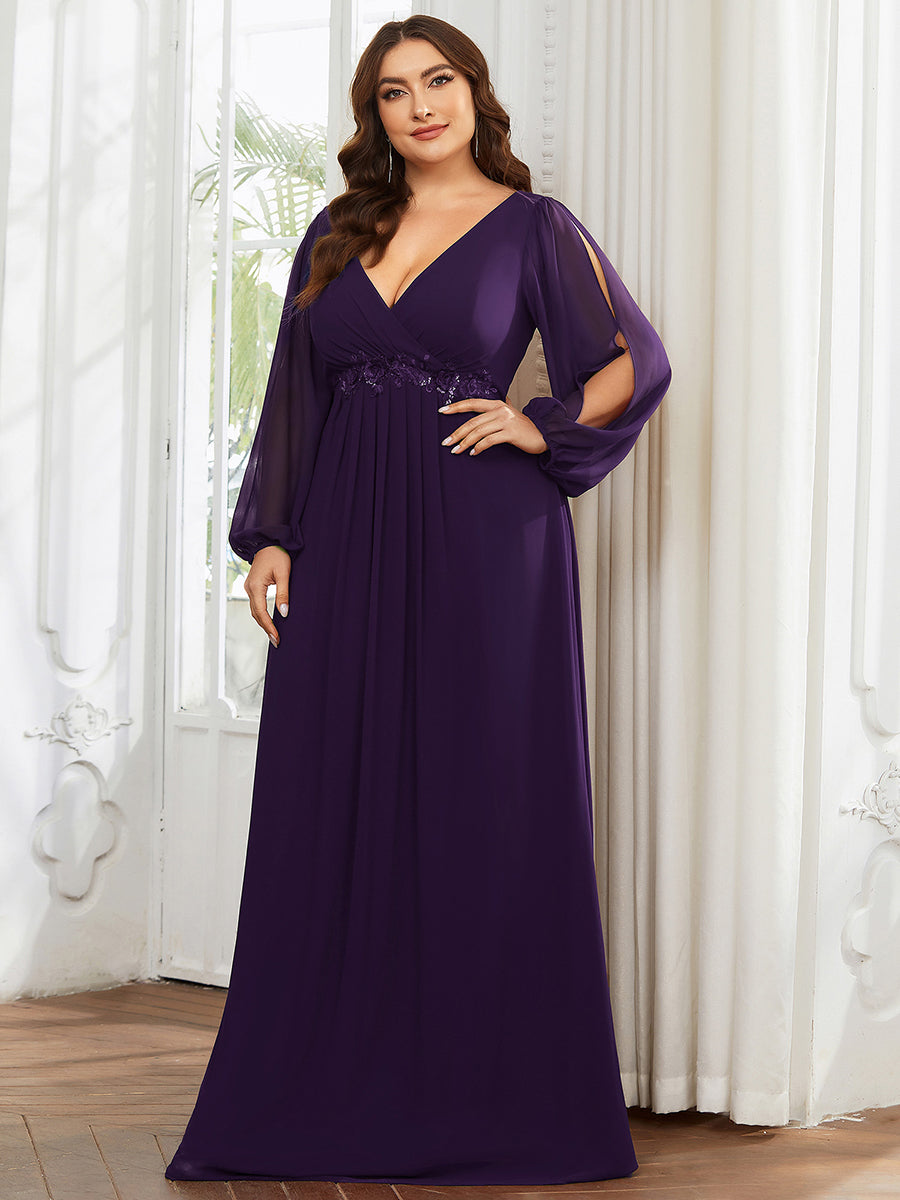 Elegant Chiffon Evening Gown for Plus Size Women with Lantern Sleeves